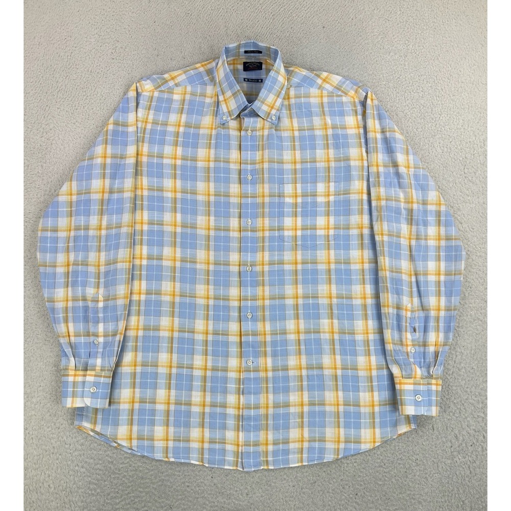Paul & Shark Shirt Mens Large Blue Yellow Plaid Cotton Long Sleeve Button-Up